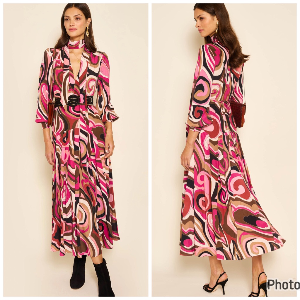 Rixo Marigold Silk Midi Dress Marble Pink Size 6